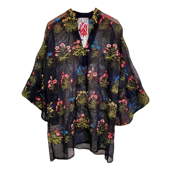 La Vie Style House Floral Embroidered Black Mini Dress One Size